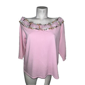CABO Sweater Size 2X Vintage Pink Sequin Floral‎ Trim 3/4 Sleeve Knit Top Whimsy